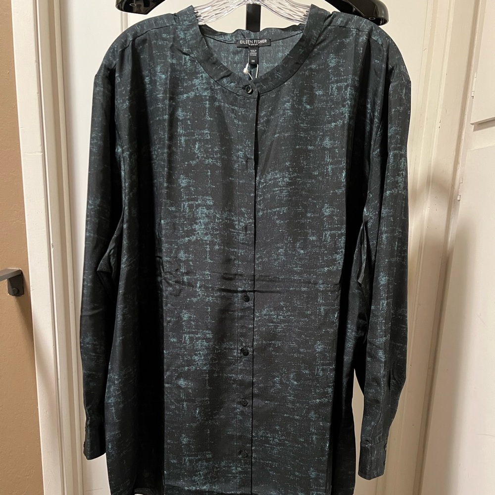 Eileen Fisher - teal/black mandarin collar tunic